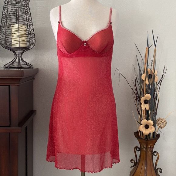 Cinema Etoile Red Shimmer Sheer Chemise Slip Size Medium - Picture 1 of 13
